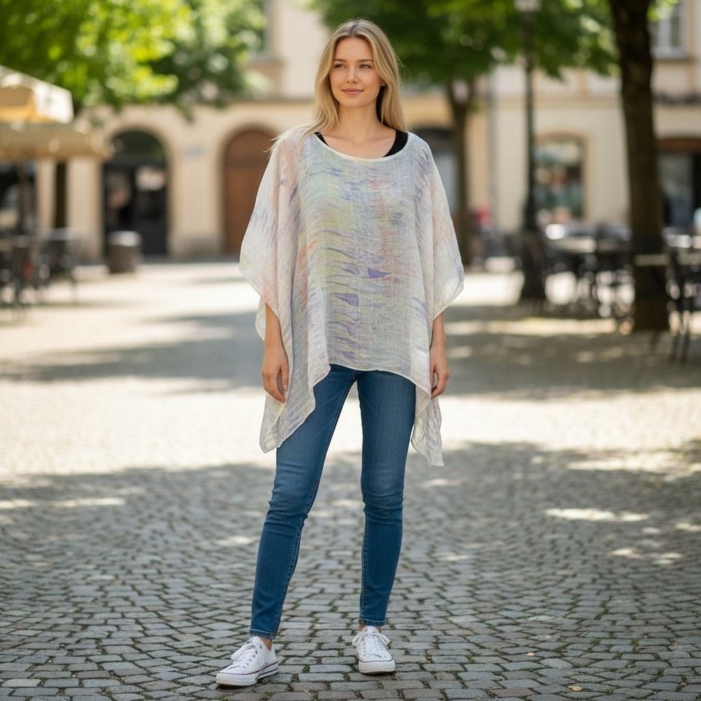 Chico's Poncho Top Women L/XL Multi Color Sheer Linen Abstract Gauze Cover Up
